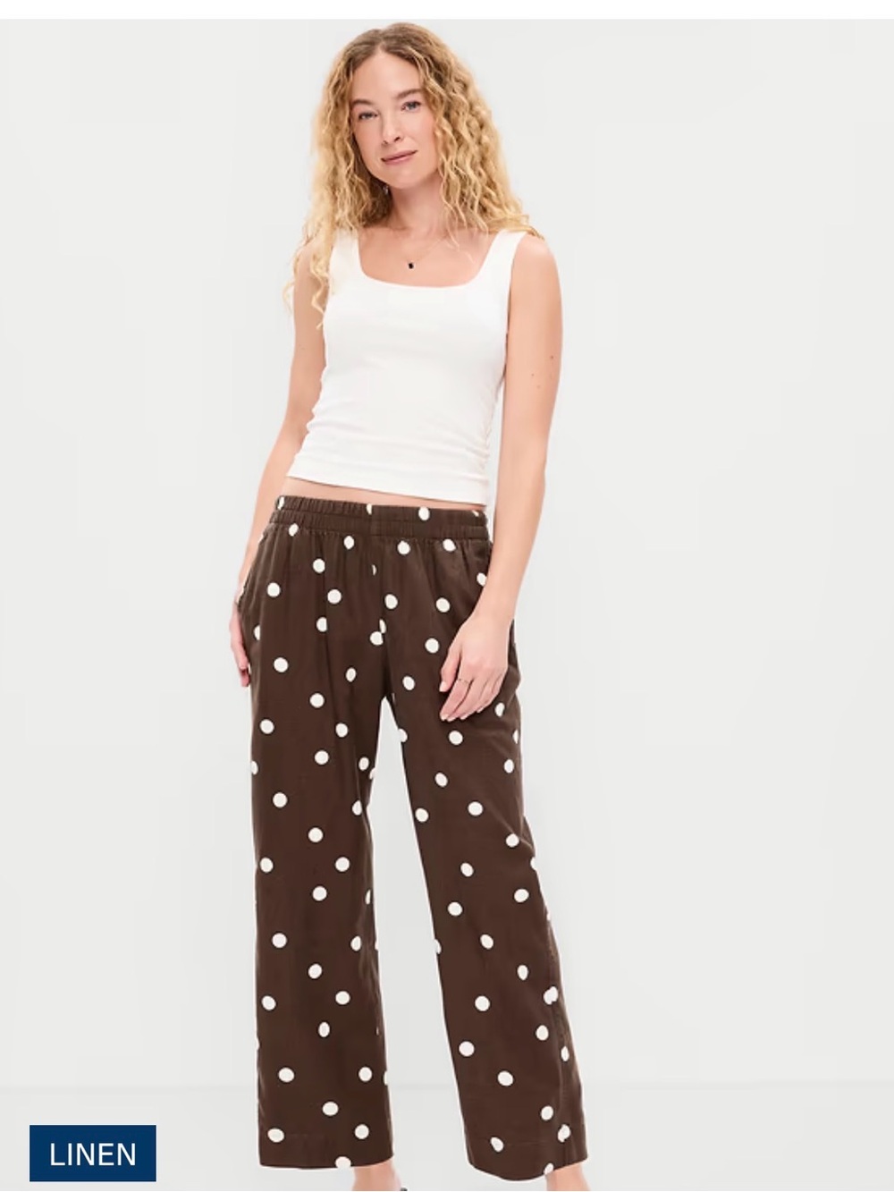Linen blend Brown Straight Leg Polka Dot Pants with White Dots